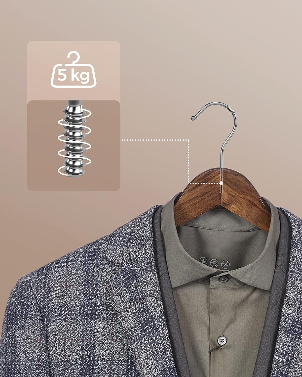 SONGMICS Set 20 umerase pentru organizarea hainelor in dressing, din lemn masiv de artar, bara antiderapanta pentru pantaloni, carlige rotative 360°, maro inchis - imagine 8