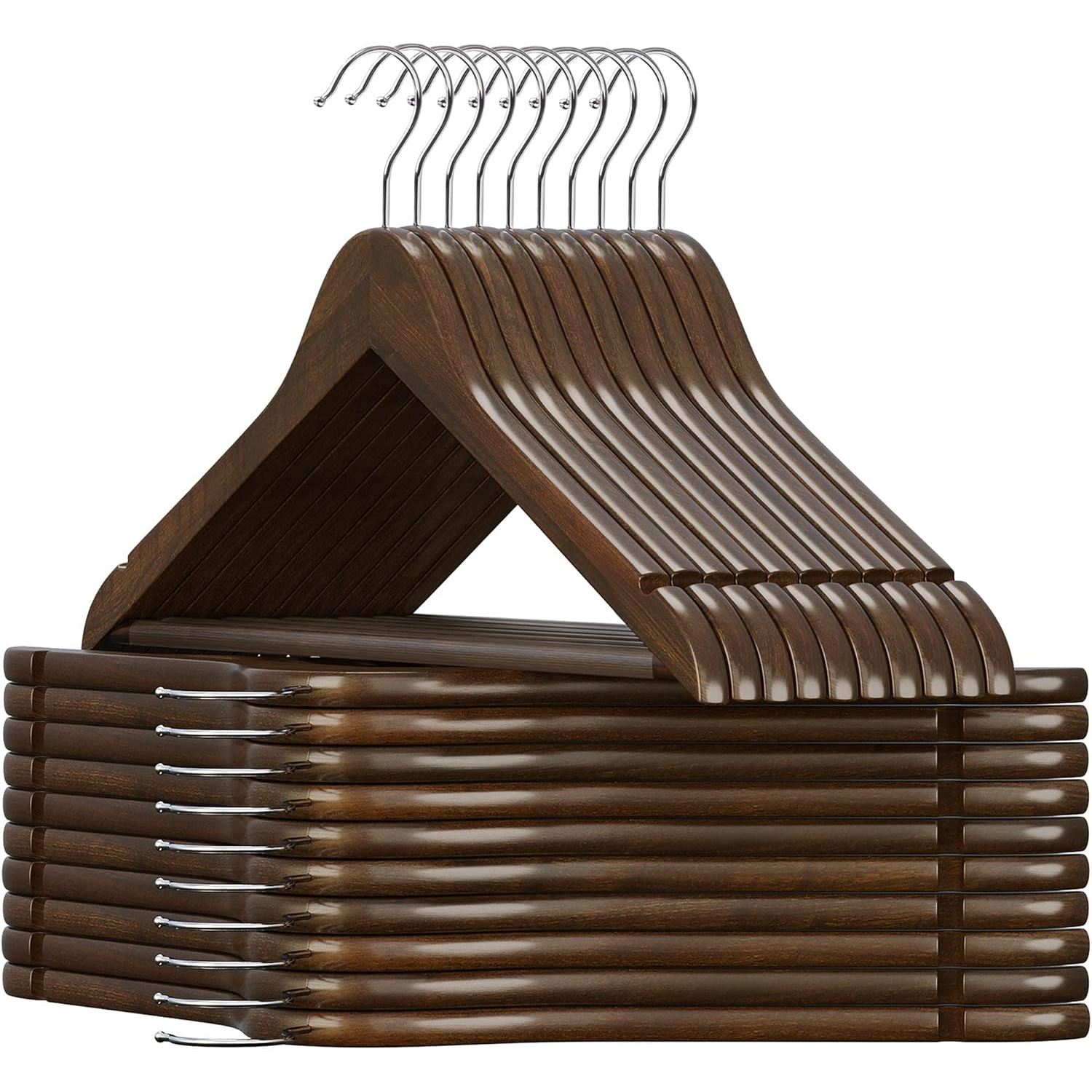 SONGMICS Set 20 umerase pentru organizarea hainelor in dressing, din lemn masiv de artar, bara antiderapanta pentru pantaloni, carlige rotative 360°, maro inchis