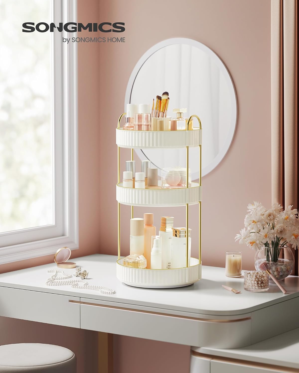 SONGMICS Organizator rotativ pentru cosmetice si parfumuri, 3 niveluri cu rotire 360°, 3 tavite utilizabile separat, manere pentru transport, pentru baie si masuta de toaleta, 23x23x46 cm, alb - imagine 2