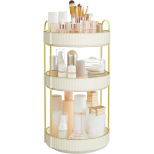 SONGMICS Organizator rotativ pentru cosmetice si parfumuri, 3 niveluri cu rotire 360°, 3 tavite utilizabile separat, manere pentru transport, pentru baie si masuta de toaleta, 23x23x46 cm, alb