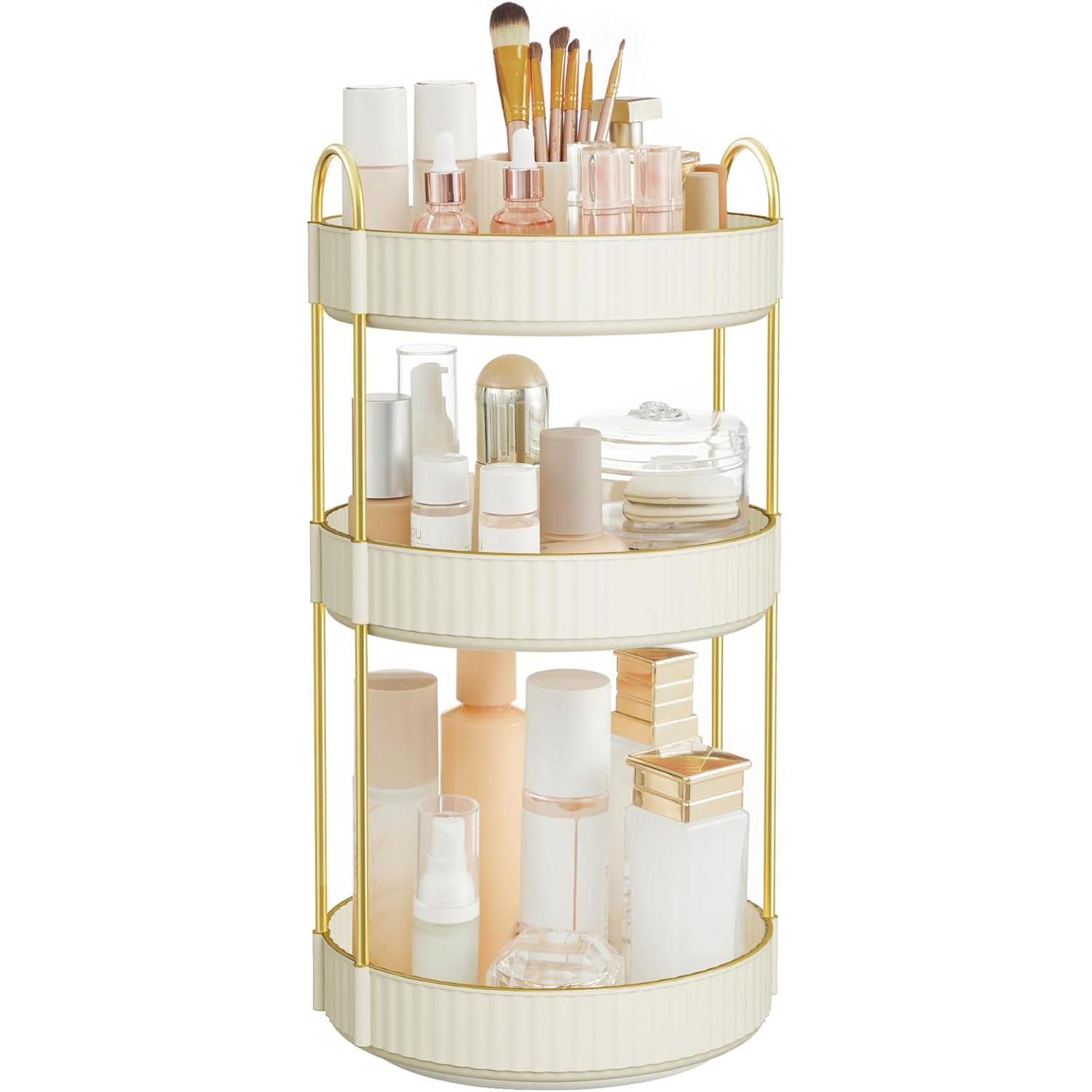 SONGMICS Organizator rotativ pentru cosmetice si parfumuri, 3 niveluri cu rotire 360°, 3 tavite utilizabile separat, manere pentru transport, pentru baie si masuta de toaleta, 23x23x46 cm, alb