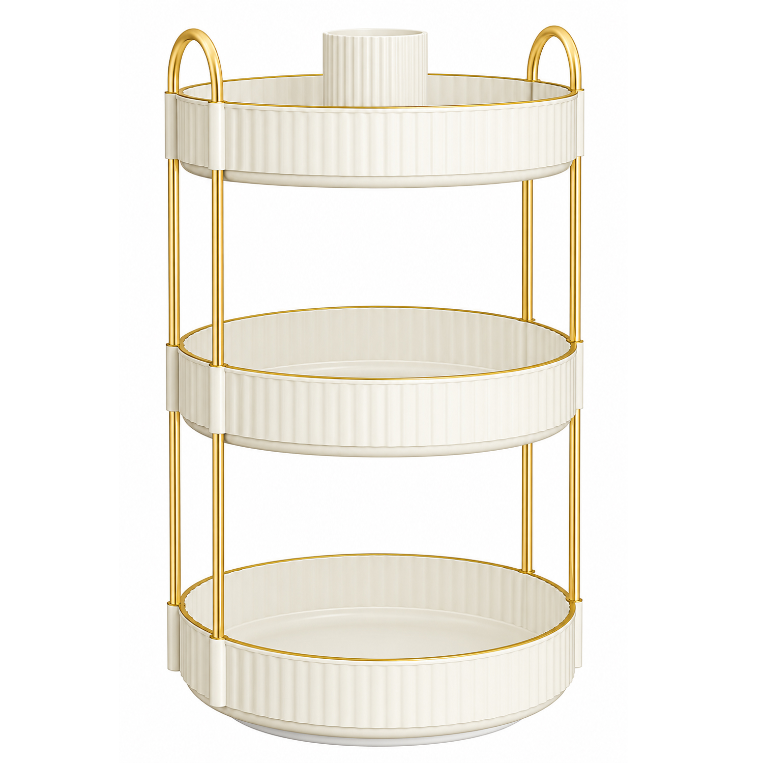 SONGMICS Organizator rotativ pentru cosmetice si parfumuri, 3 niveluri cu rotire 360°, 3 tavite utilizabile separat, manere pentru transport, pentru baie si masuta de toaleta, 23x23x46 cm, alb - imagine 4