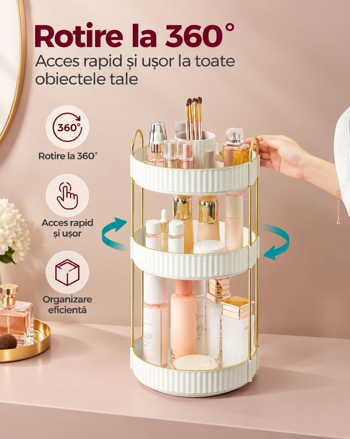 SONGMICS Organizator rotativ pentru cosmetice si parfumuri, 3 niveluri cu rotire 360°, 3 tavite utilizabile separat, manere pentru transport, pentru baie si masuta de toaleta, 23x23x46 cm, alb - imagine 6