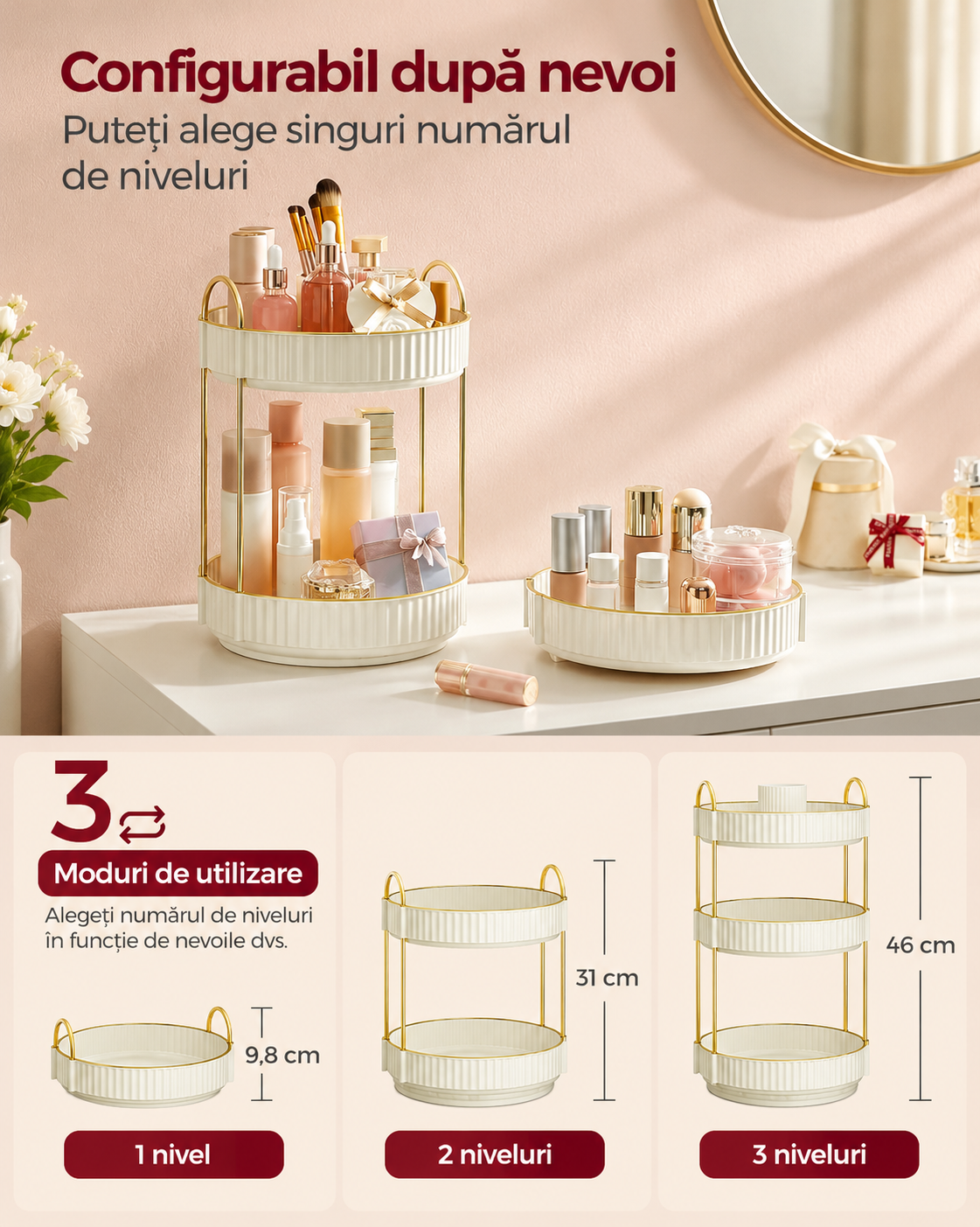 SONGMICS Organizator rotativ pentru cosmetice si parfumuri, 3 niveluri cu rotire 360°, 3 tavite utilizabile separat, manere pentru transport, pentru baie si masuta de toaleta, 23x23x46 cm, alb - imagine 7