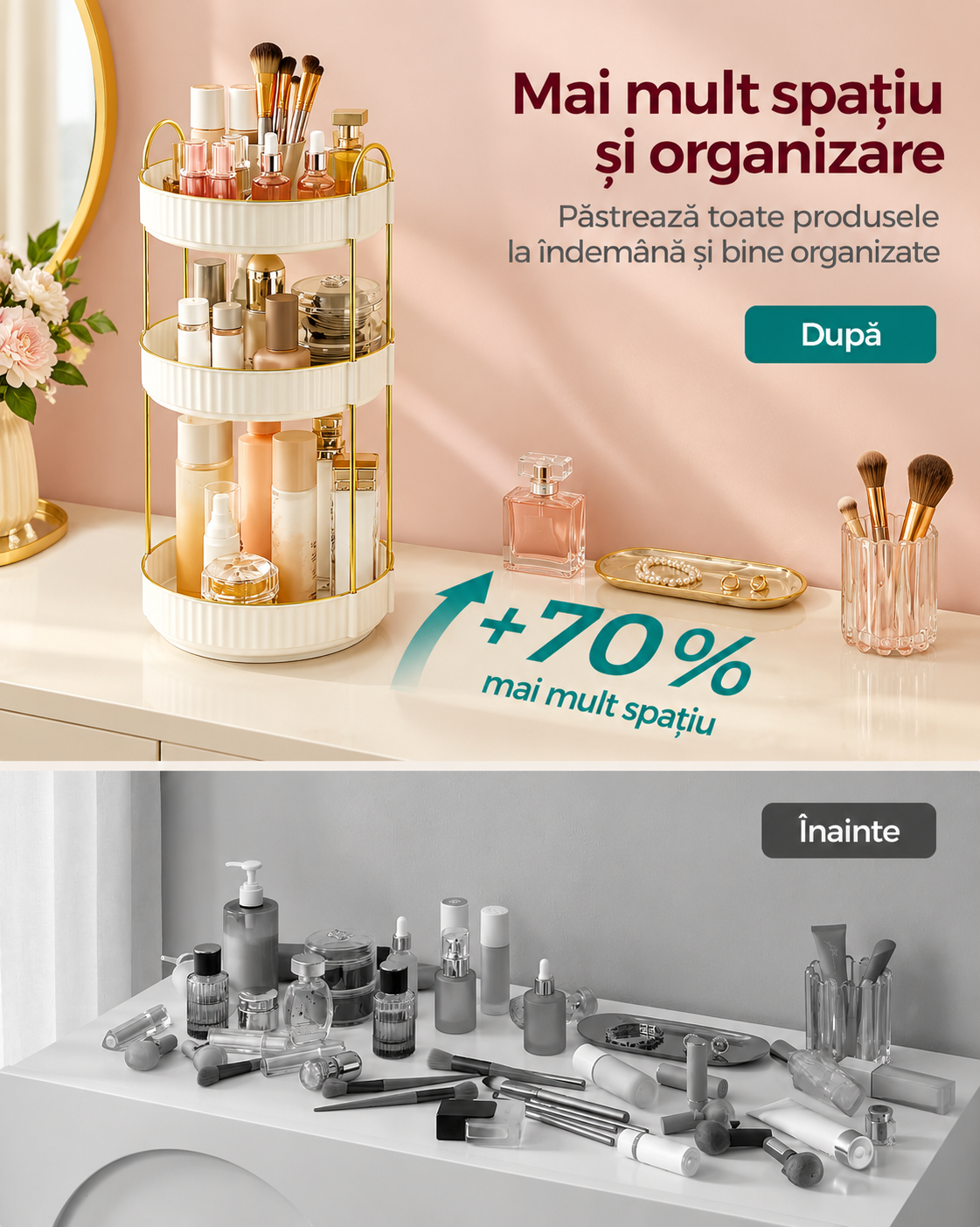 SONGMICS Organizator rotativ pentru cosmetice si parfumuri, 3 niveluri cu rotire 360°, 3 tavite utilizabile separat, manere pentru transport, pentru baie si masuta de toaleta, 23x23x46 cm, alb - imagine 8