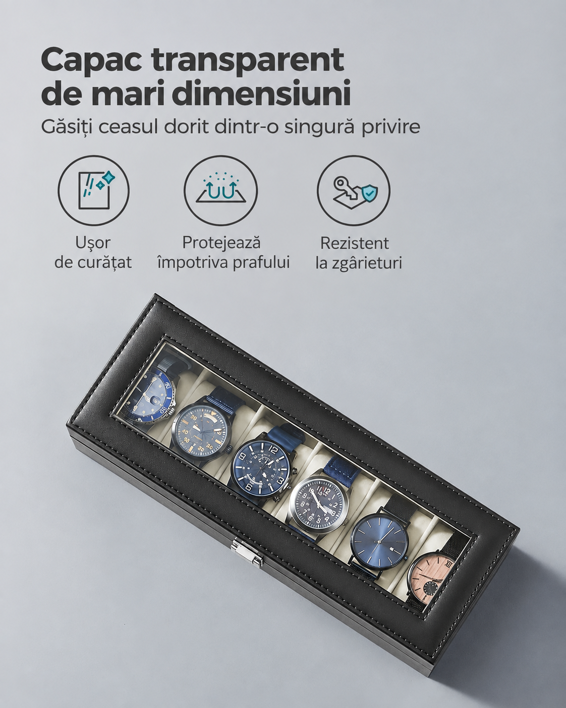 SONGMICS Cutie pentru depozitare 6 ceasuri, capac transparent din sticla, interior captusit cu catifea si perne detasabile pentru protectie, exterior din piele ecologica PU, pentru de pana la 48 mm, 30x11x8 cm, negru si bej - imagine 3