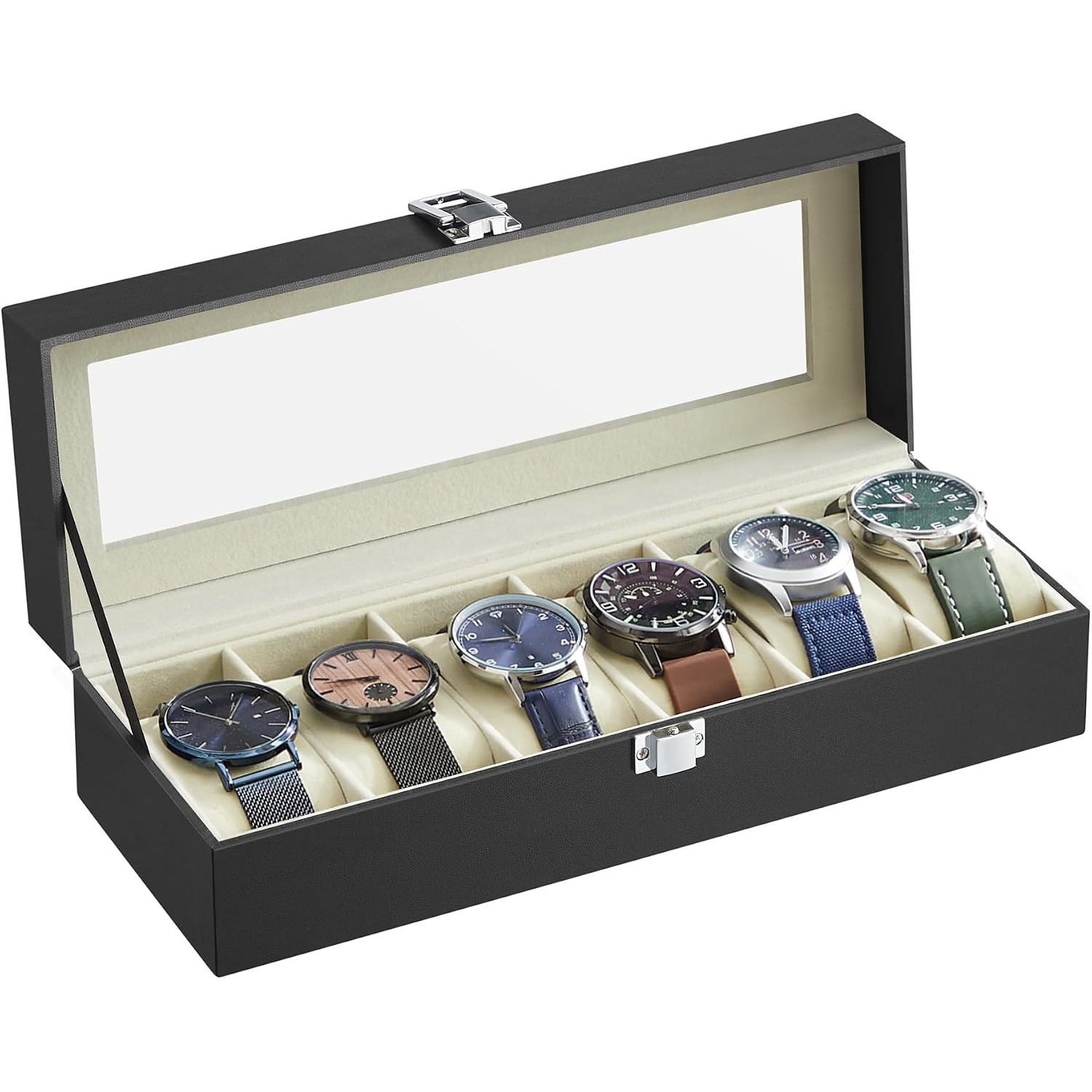 SONGMICS Cutie pentru depozitare 6 ceasuri, capac transparent din sticla, interior captusit cu catifea si perne detasabile pentru protectie, exterior din piele ecologica PU, pentru de pana la 48 mm, 30x11x8 cm, negru si bej - imagine 4