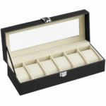 SONGMICS Cutie pentru depozitare 6 ceasuri, capac transparent din sticla, interior captusit cu catifea si perne detasabile pentru protectie, exterior din piele ecologica PU, pentru de pana la 48 mm, 30x11x8 cm, negru si bej
