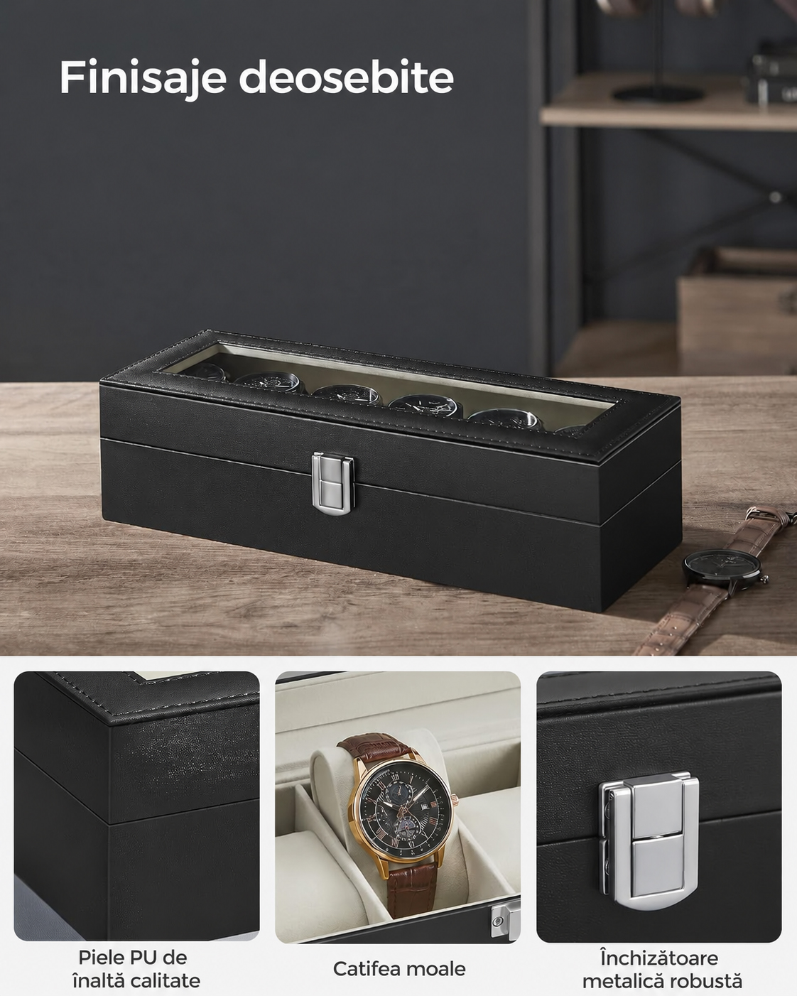 SONGMICS Cutie pentru depozitare 6 ceasuri, capac transparent din sticla, interior captusit cu catifea si perne detasabile pentru protectie, exterior din piele ecologica PU, pentru de pana la 48 mm, 30x11x8 cm, negru si bej - imagine 6
