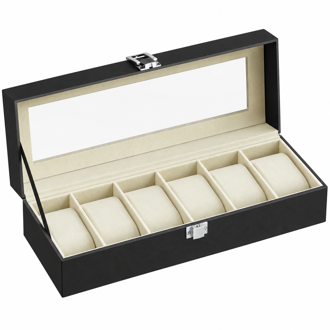 SONGMICS Cutie pentru depozitare 6 ceasuri, capac transparent din sticla, interior captusit cu catifea si perne detasabile pentru protectie, exterior din piele ecologica PU, pentru de pana la 48 mm, 30x11x8 cm, negru si bej