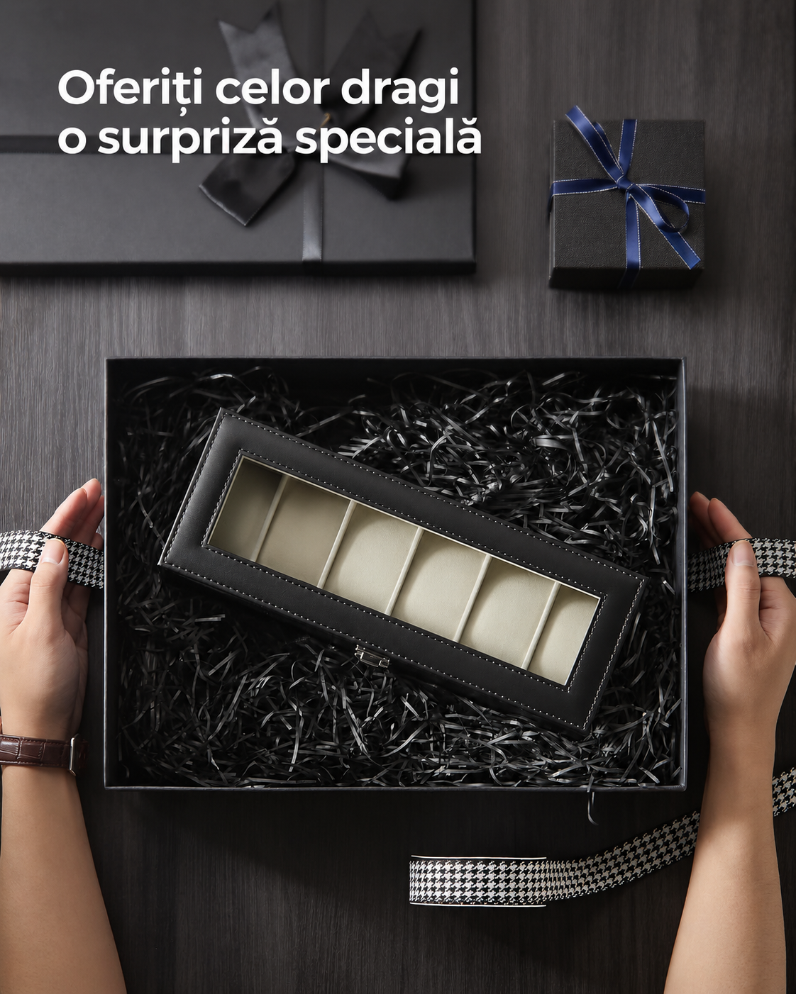 SONGMICS Cutie pentru depozitare 6 ceasuri, capac transparent din sticla, interior captusit cu catifea si perne detasabile pentru protectie, exterior din piele ecologica PU, pentru de pana la 48 mm, 30x11x8 cm, negru si bej - imagine 7