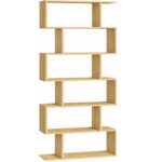 Biblioteca pentru living, dormitor sau birou, cu 6 rafturi pentru organizarea cartilor si expunerea decoratiunilor, design geometric, 70x24x192 cm, maro