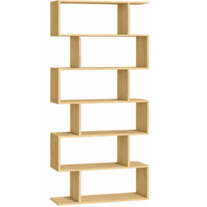 Biblioteca pentru living, dormitor sau birou, cu 6 rafturi pentru organizarea cartilor si expunerea decoratiunilor, design geometric, 70x24x192 cm, maro