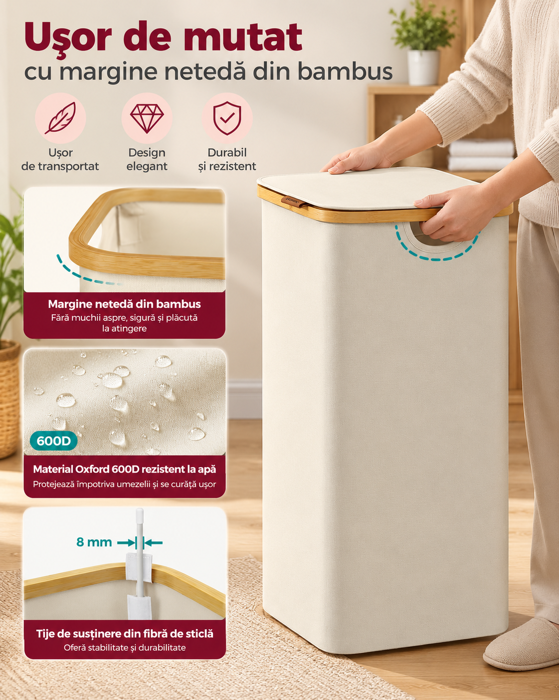 SONGMICS Cos de rufe textil, pliabil, compartiment detasabil, 90L, 42x32x71 cm, bej - imagine 4