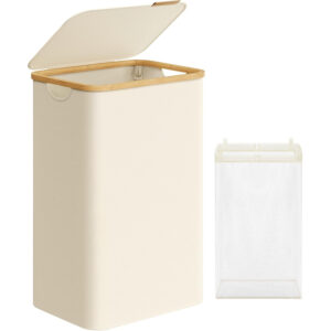 SONGMICS Cos de rufe textil, pliabil, compartiment detasabil, 90L, 42x32x71 cm, bej