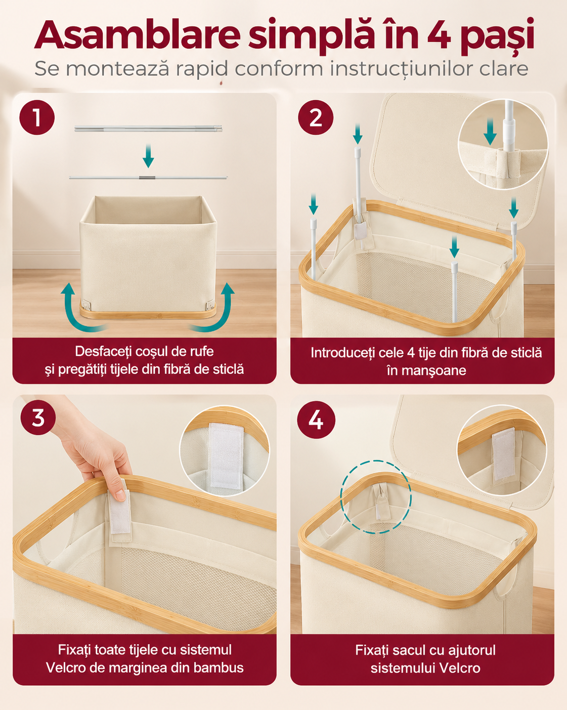 SONGMICS Cos de rufe textil, pliabil, compartiment detasabil, 90L, 42x32x71 cm, bej - imagine 5