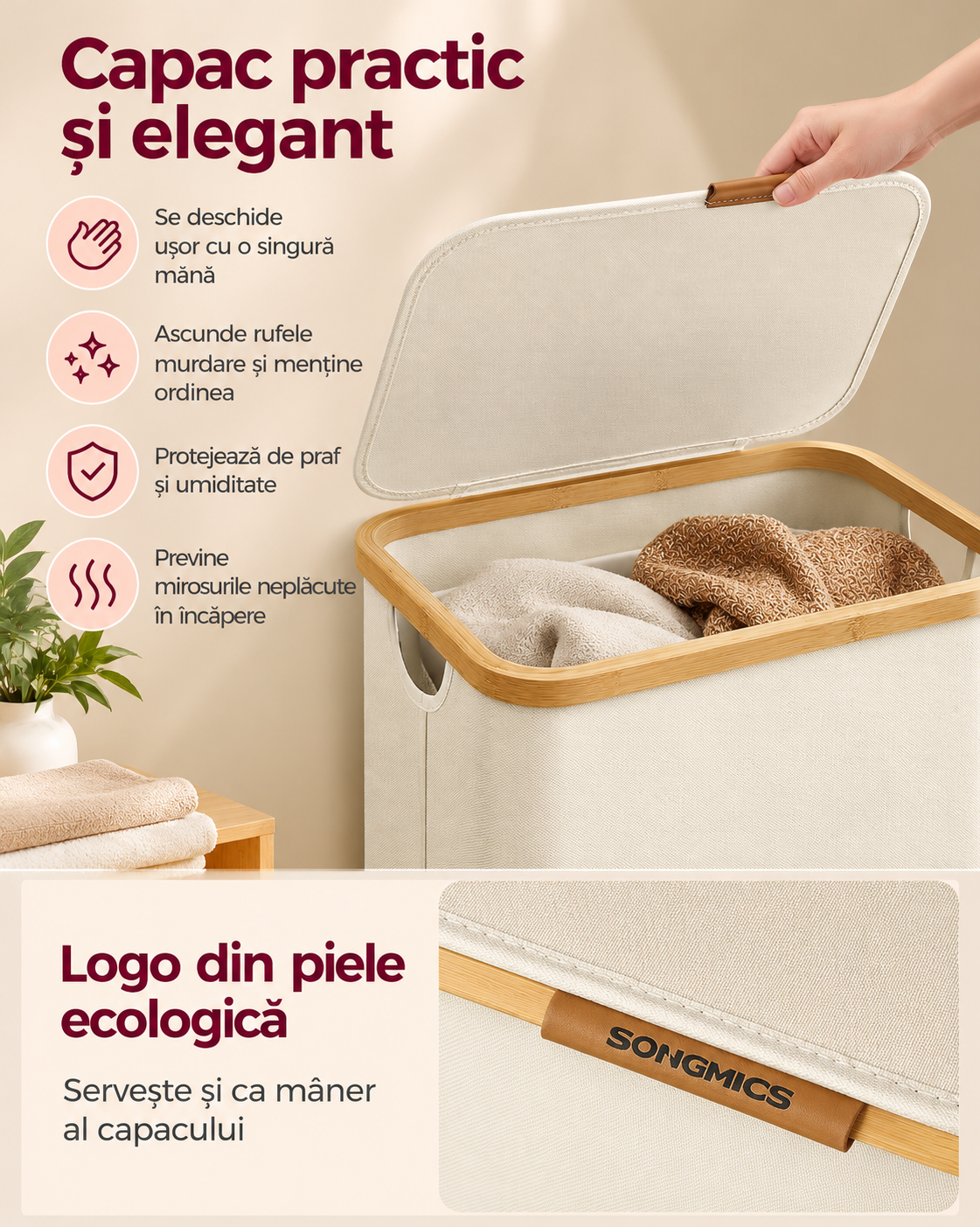 SONGMICS Cos de rufe textil, pliabil, compartiment detasabil, 90L, 42x32x71 cm, bej - imagine 6