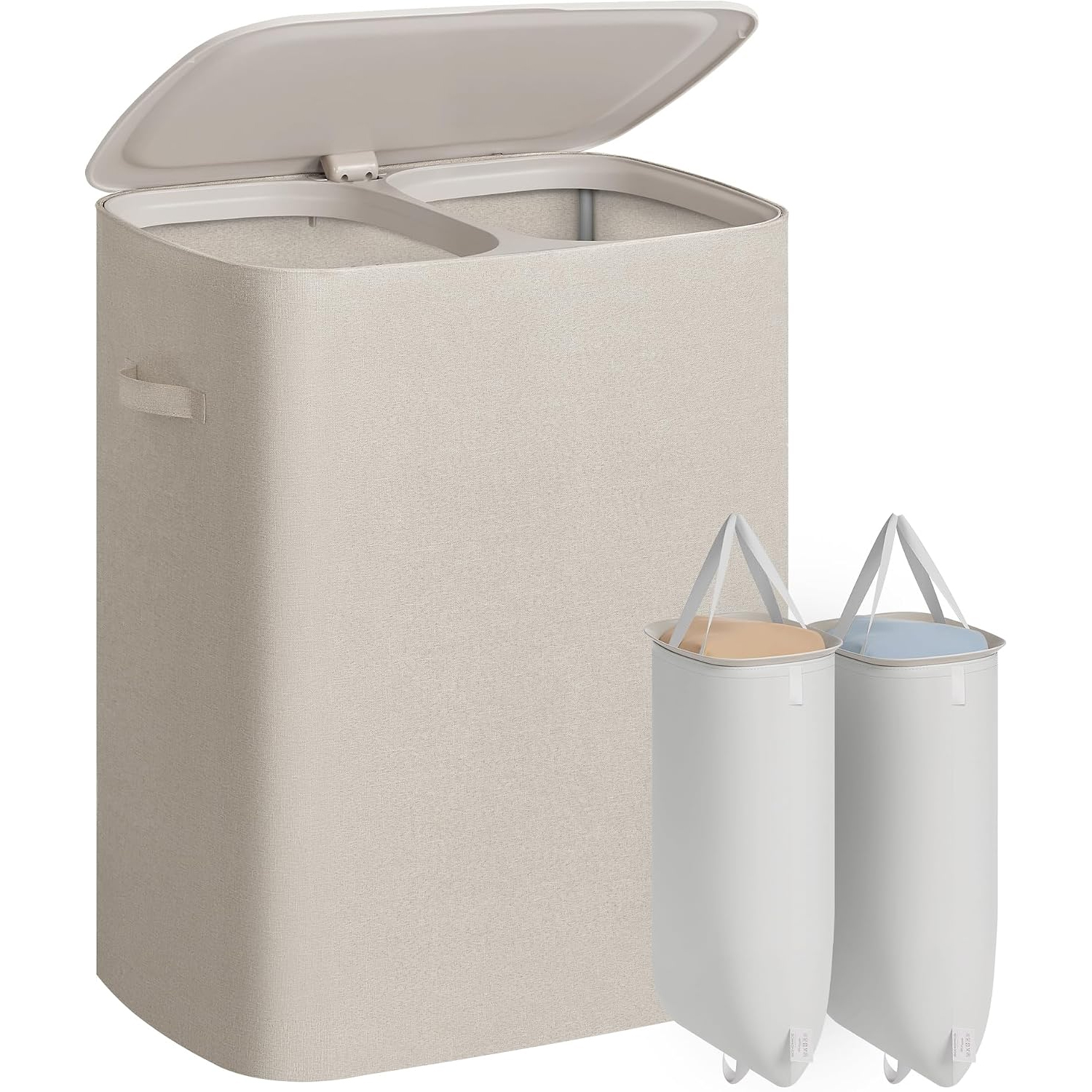 SONGMICS Cos de rufe pentru baie, 160 L, cu 2 compartimente pentru separarea hainelor, saci detasabili cu manere pentru transport si capac pentru protectie, 56x41x70 cm, bej