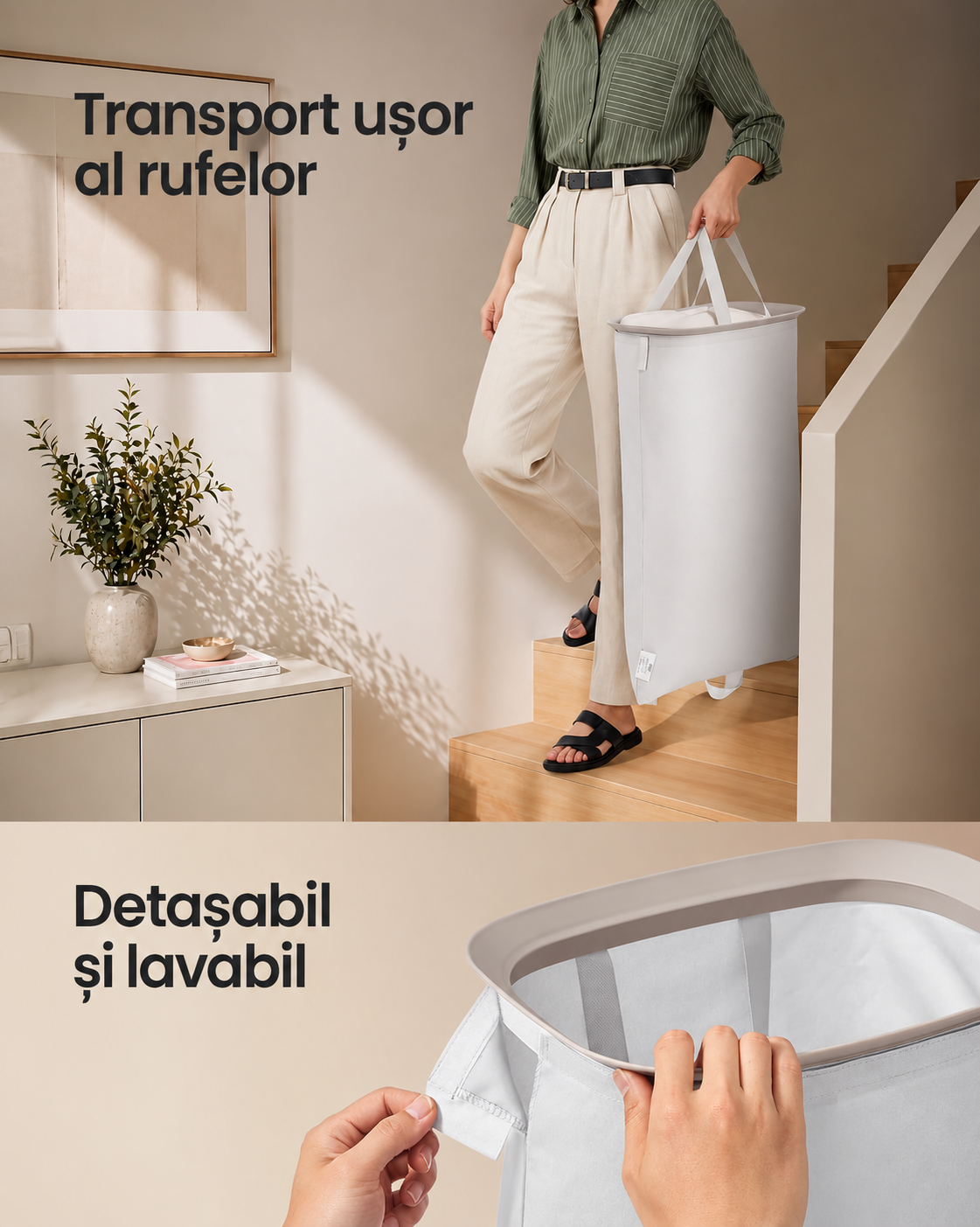 SONGMICS Cos de rufe pentru baie, 160 L, cu 2 compartimente pentru separarea hainelor, saci detasabili cu manere pentru transport si capac pentru protectie, 56x41x70 cm, bej - imagine 5