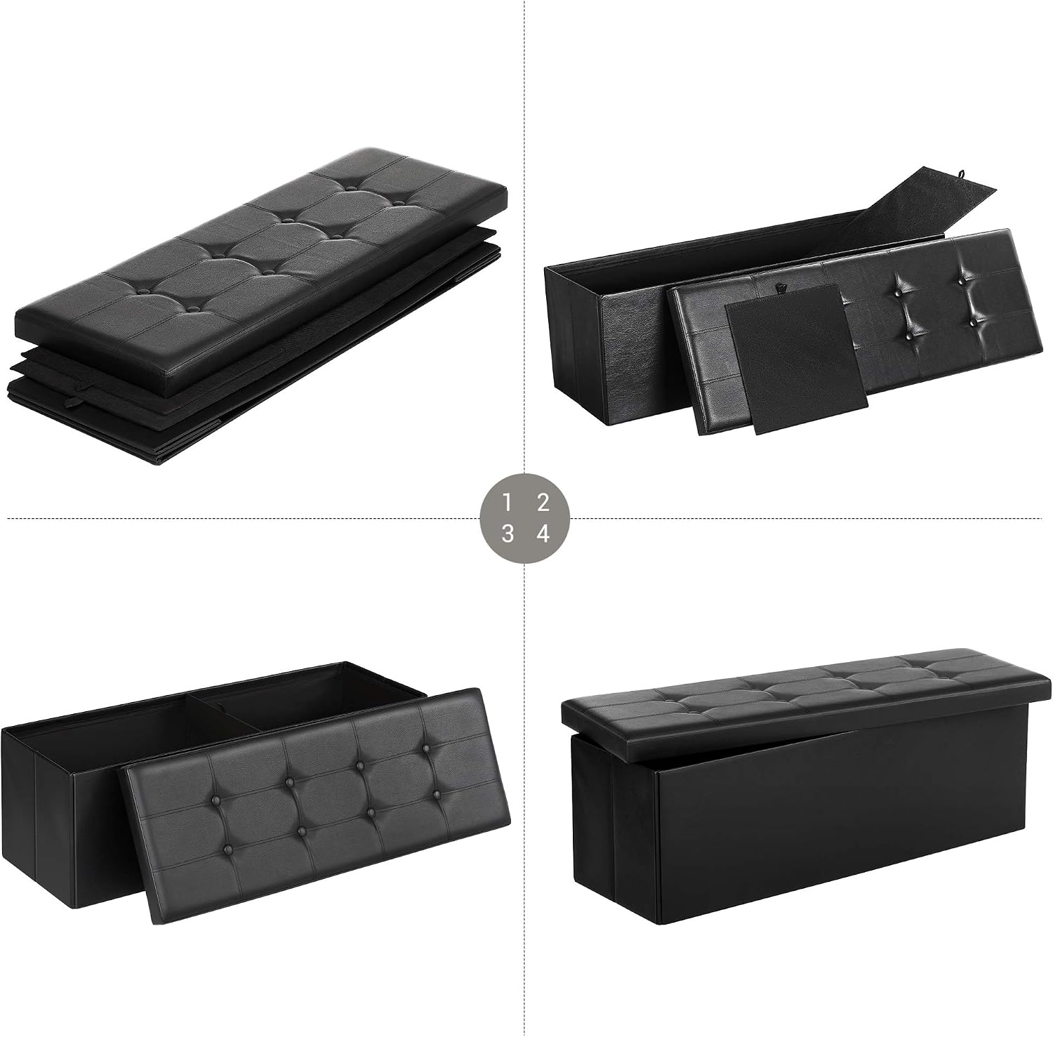 SONGMICS Banca tapitata pliabila cu lada de depozitare 120 L pentru dormitor, living si hol, sezut confortabil, tapiterie din piele ecologica, compartiment interior cu separator, maxim 300 kg, 110x38x38 cm, negru - imagine 4