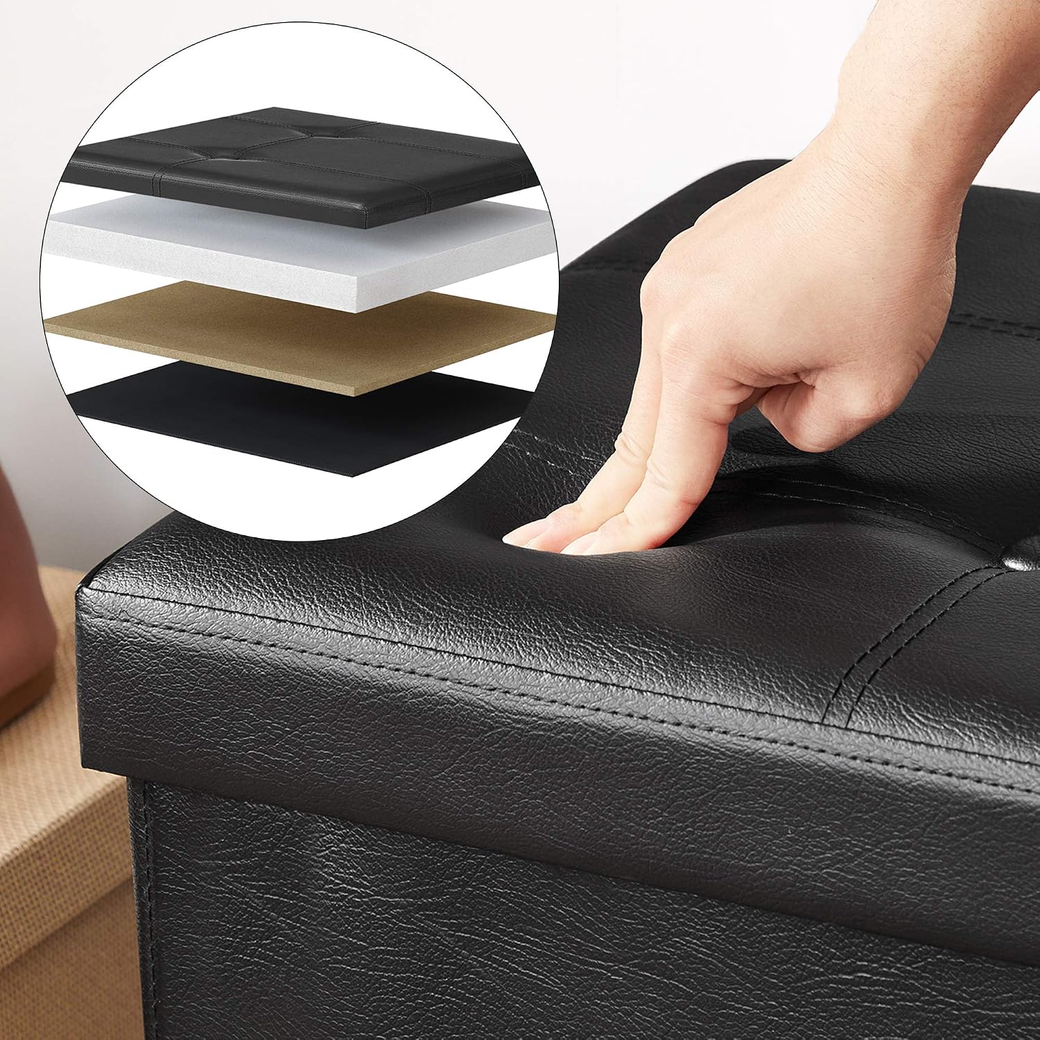 SONGMICS Banca tapitata pliabila cu lada de depozitare 120 L pentru dormitor, living si hol, sezut confortabil, tapiterie din piele ecologica, compartiment interior cu separator, maxim 300 kg, 110x38x38 cm, negru - imagine 7