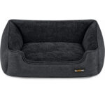 FEANDREA Culcus pentru caini de talie mica tip canapea, cu margini inaltate pentru sustinerea capului, husa detasabila si lavabila, material respirabil cu aspect de in, baza antiderapanta, 70x55x21 cm, gri