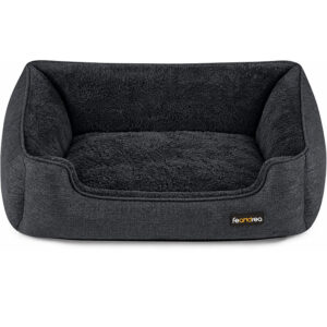 FEANDREA Culcus pentru caini de talie mica tip canapea, cu margini inaltate pentru sustinerea capului, husa detasabila si lavabila, material respirabil cu aspect de in, baza antiderapanta, 70x55x21 cm, gri