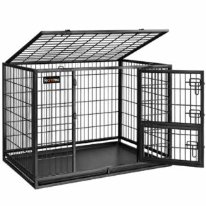 FEANDREA Cusca metalica pentru caini de 32-42 kg, structura din otel ranforsat, usa mare pentru acces, usa mica pentru hranire si deschidere superioara detasabila, tava extractibila pentru curatare usoara, 107x70x75 cm, negru