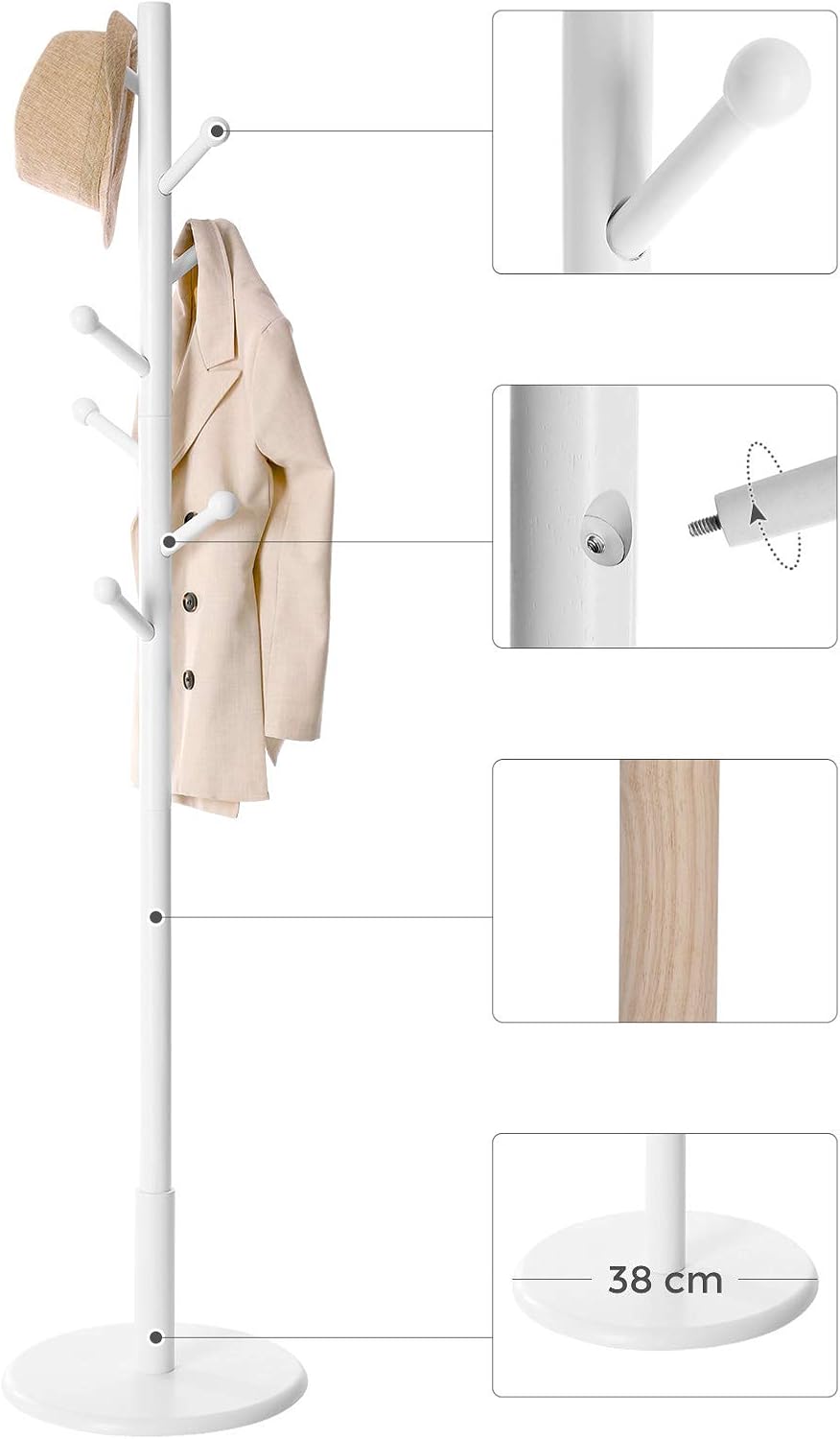 VASAGLE Cuier de podea pentru hol si dormitor, 7 carlige pentru organizarea hainelor si accesoriilor, 3 inaltimi reglabile, baza stabila si design compact, Ø38x175 cm, alb - imagine 5