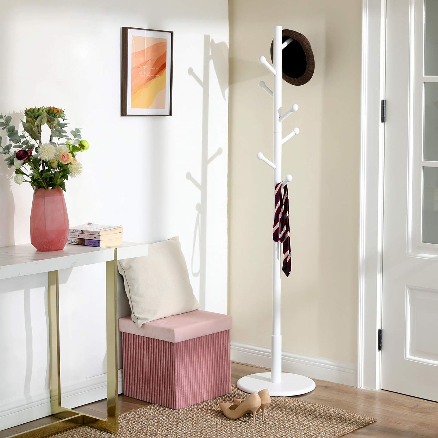 VASAGLE Cuier de podea pentru hol si dormitor, 7 carlige pentru organizarea hainelor si accesoriilor, 3 inaltimi reglabile, baza stabila si design compact, Ø38x175 cm, alb - imagine 7