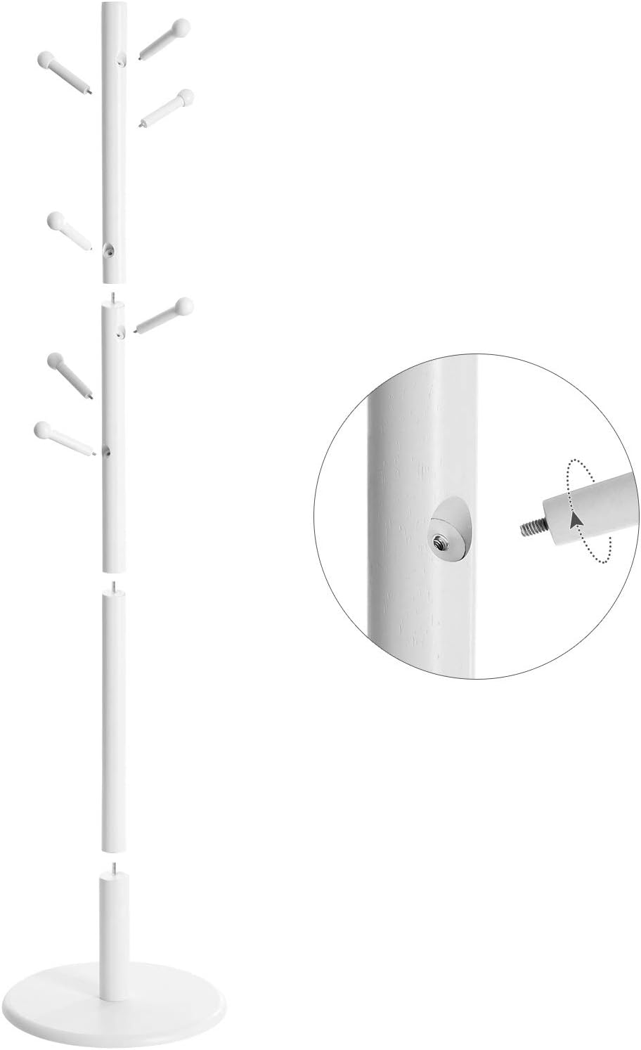 VASAGLE Cuier de podea pentru hol si dormitor, 7 carlige pentru organizarea hainelor si accesoriilor, 3 inaltimi reglabile, baza stabila si design compact, Ø38x175 cm, alb - imagine 8