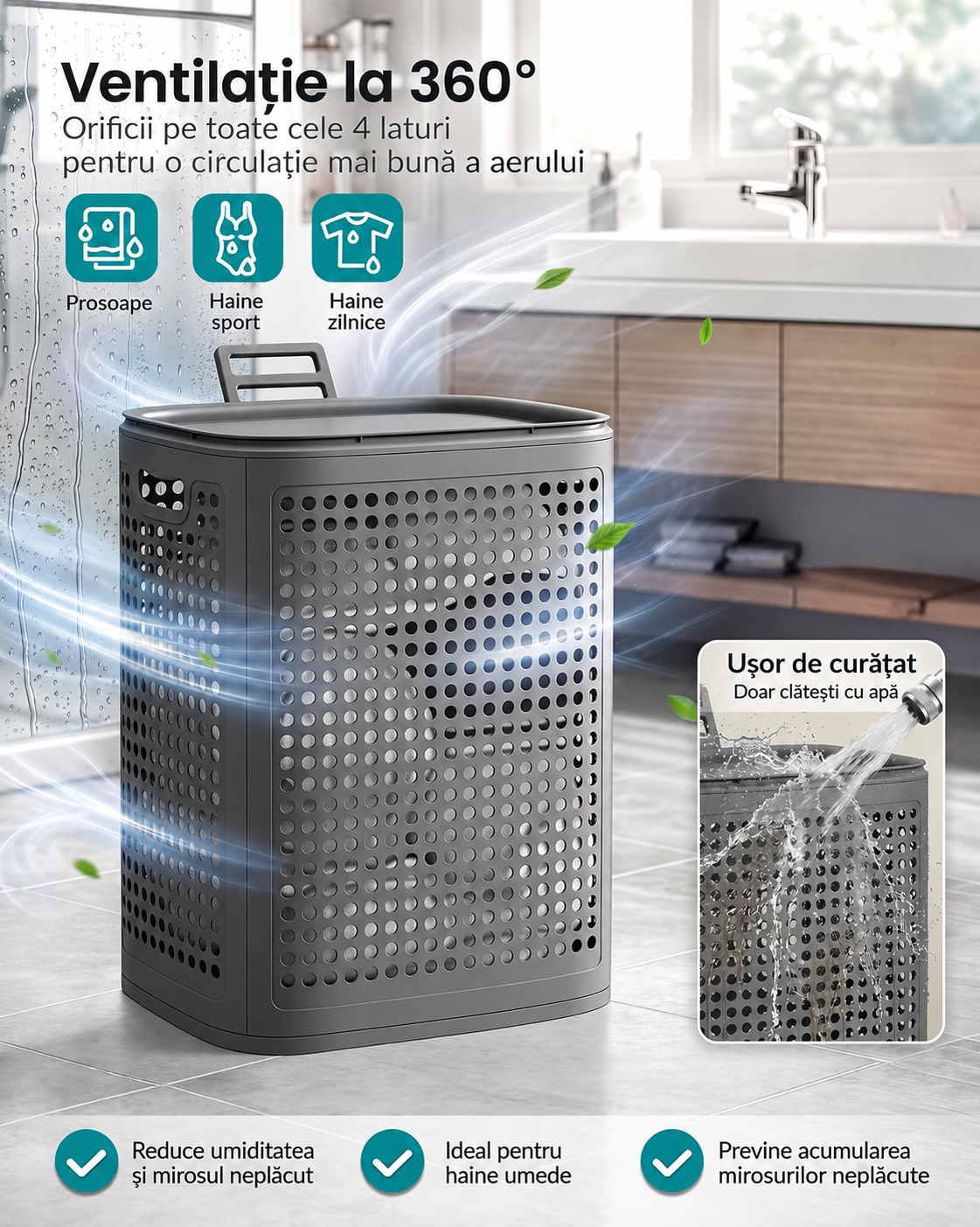 SONGMICS Cos de rufe 75 L pentru spatii mici, design ingust cu capac, ventilatie pentru circulatia aerului, 43x33x57 cm, gri inchis - imagine 2