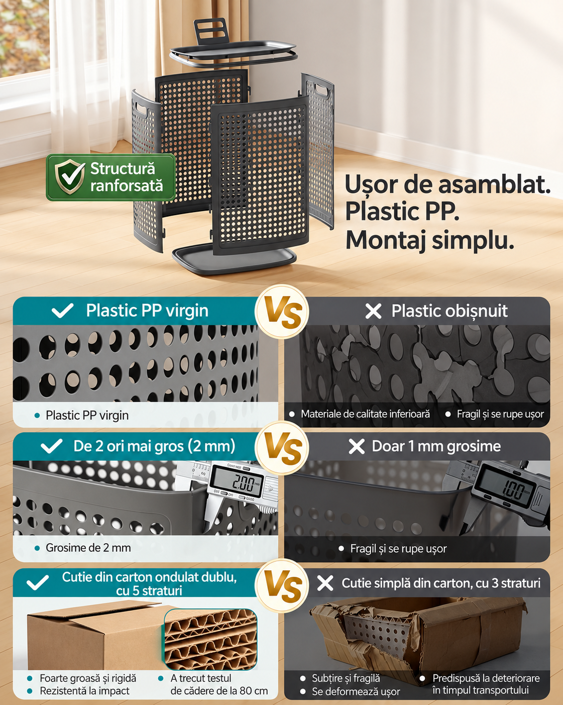 SONGMICS Cos de rufe 75 L pentru spatii mici, design ingust cu capac, ventilatie pentru circulatia aerului, 43x33x57 cm, gri inchis - imagine 4
