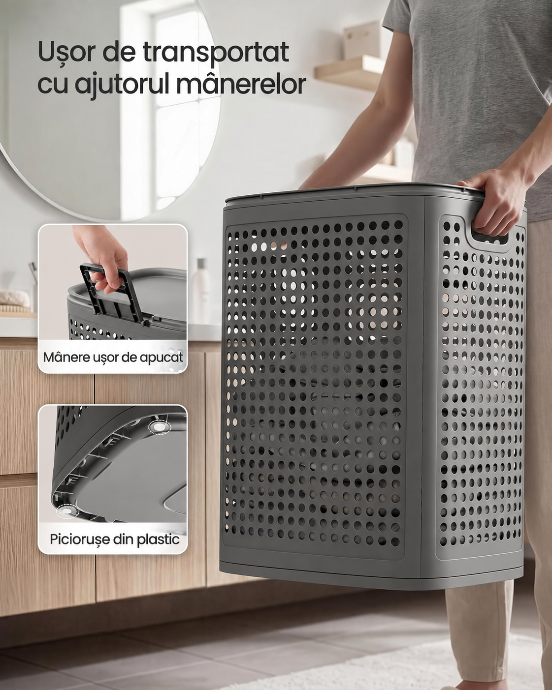SONGMICS Cos de rufe 75 L pentru spatii mici, design ingust cu capac, ventilatie pentru circulatia aerului, 43x33x57 cm, gri inchis - imagine 5
