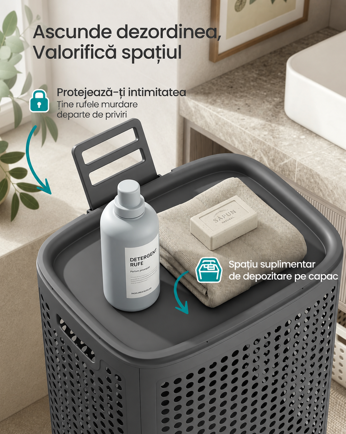 SONGMICS Cos de rufe 75 L pentru spatii mici, design ingust cu capac, ventilatie pentru circulatia aerului, 43x33x57 cm, gri inchis - imagine 6