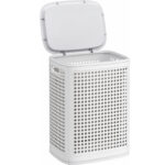 SONGMICS Cos de rufe 75 L pentru spatii mici, design ingust cu capac, ventilatie pentru circulatia aerului, 43x33x57 cm, alb