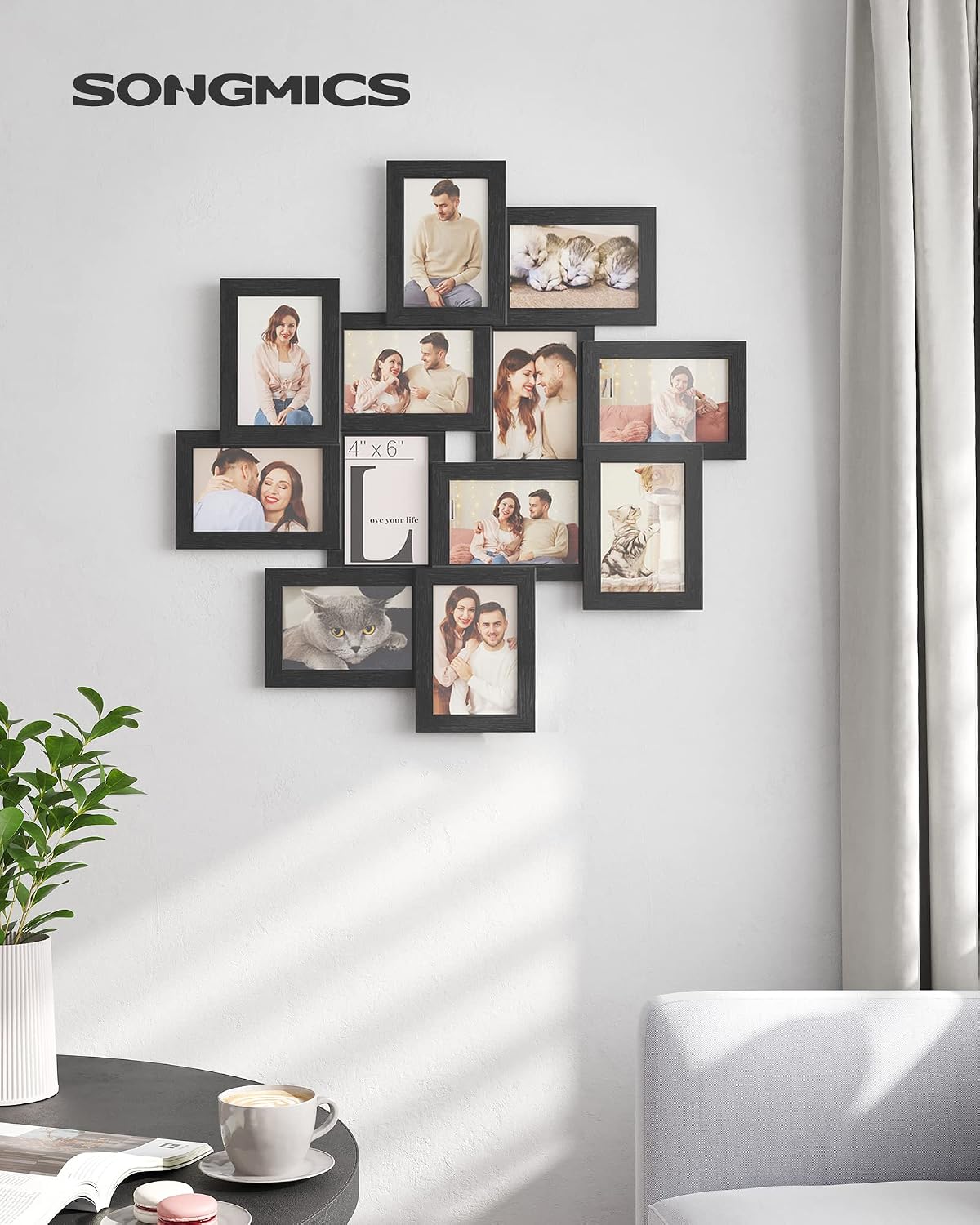 SONGMICS Rama foto colaj de perete pentru 12 fotografii de 10x15 cm, design decorativ pentru living, dormitor sau hol, structura din MDF cu protectie din sticla, 64x4x63 cm, negru - imagine 4