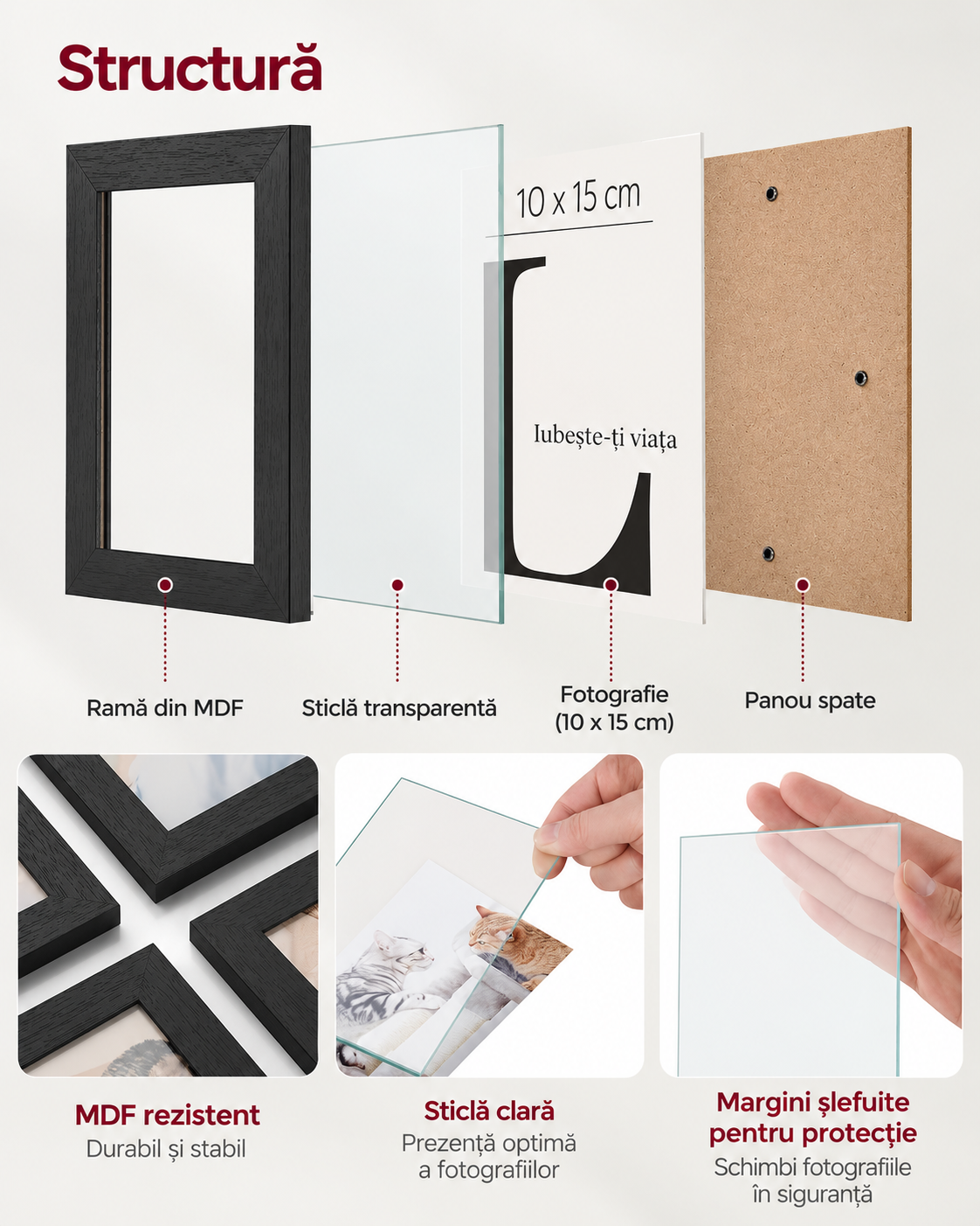 SONGMICS Rama foto colaj de perete pentru 12 fotografii de 10x15 cm, design decorativ pentru living, dormitor sau hol, structura din MDF cu protectie din sticla, 64x4x63 cm, negru - imagine 5