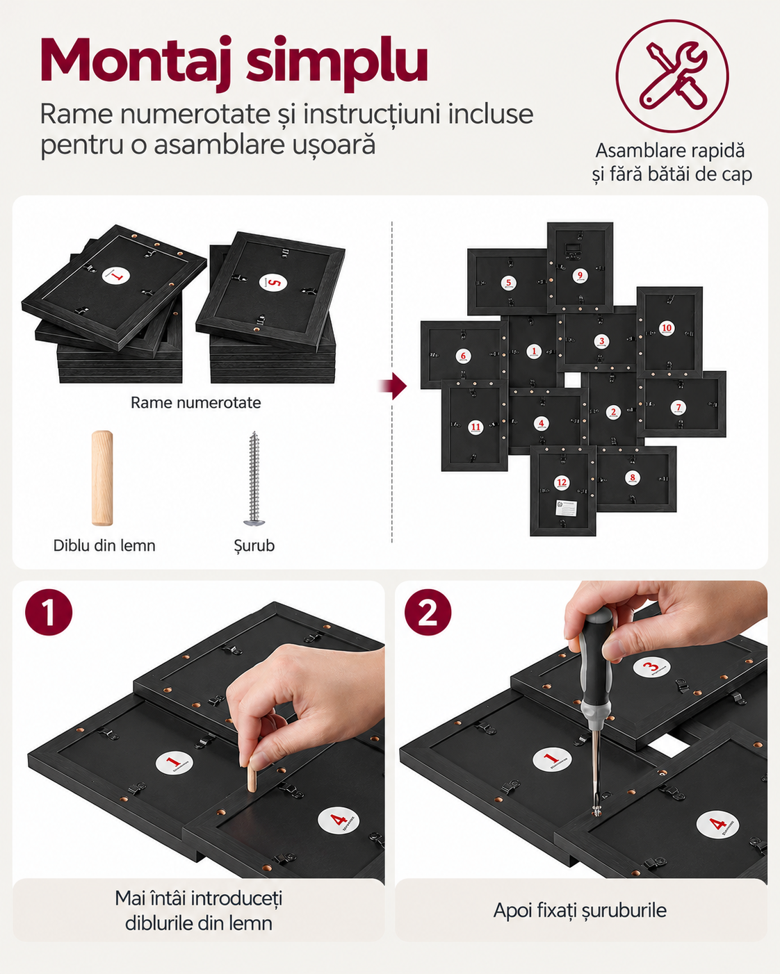 SONGMICS Rama foto colaj de perete pentru 12 fotografii de 10x15 cm, design decorativ pentru living, dormitor sau hol, structura din MDF cu protectie din sticla, 64x4x63 cm, negru - imagine 6