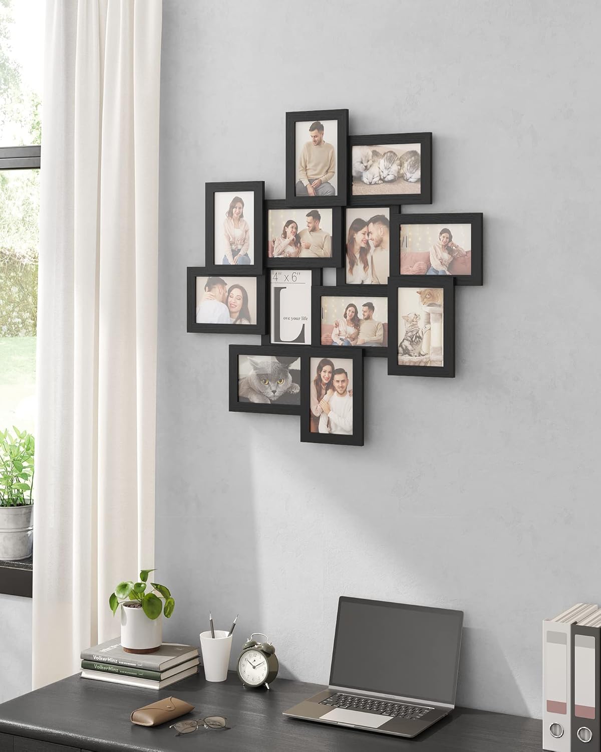 SONGMICS Rama foto colaj de perete pentru 12 fotografii de 10x15 cm, design decorativ pentru living, dormitor sau hol, structura din MDF cu protectie din sticla, 64x4x63 cm, negru - imagine 7
