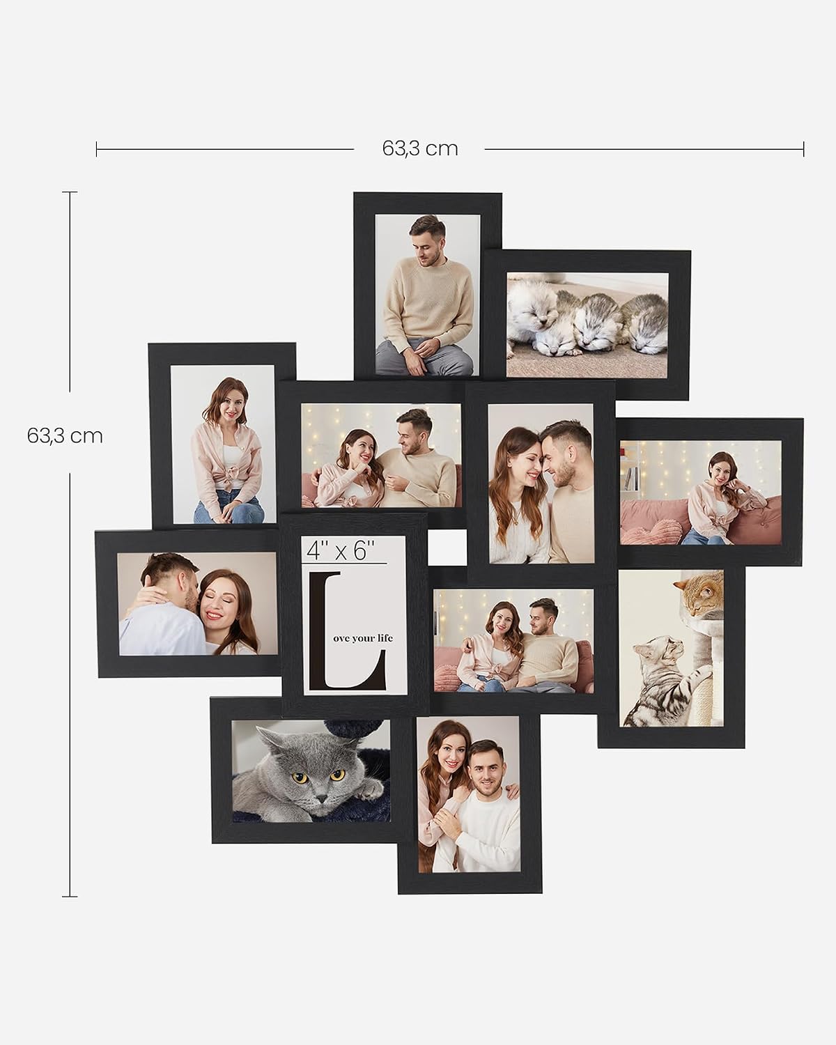 SONGMICS Rama foto colaj de perete pentru 12 fotografii de 10x15 cm, design decorativ pentru living, dormitor sau hol, structura din MDF cu protectie din sticla, 64x4x63 cm, negru - imagine 8