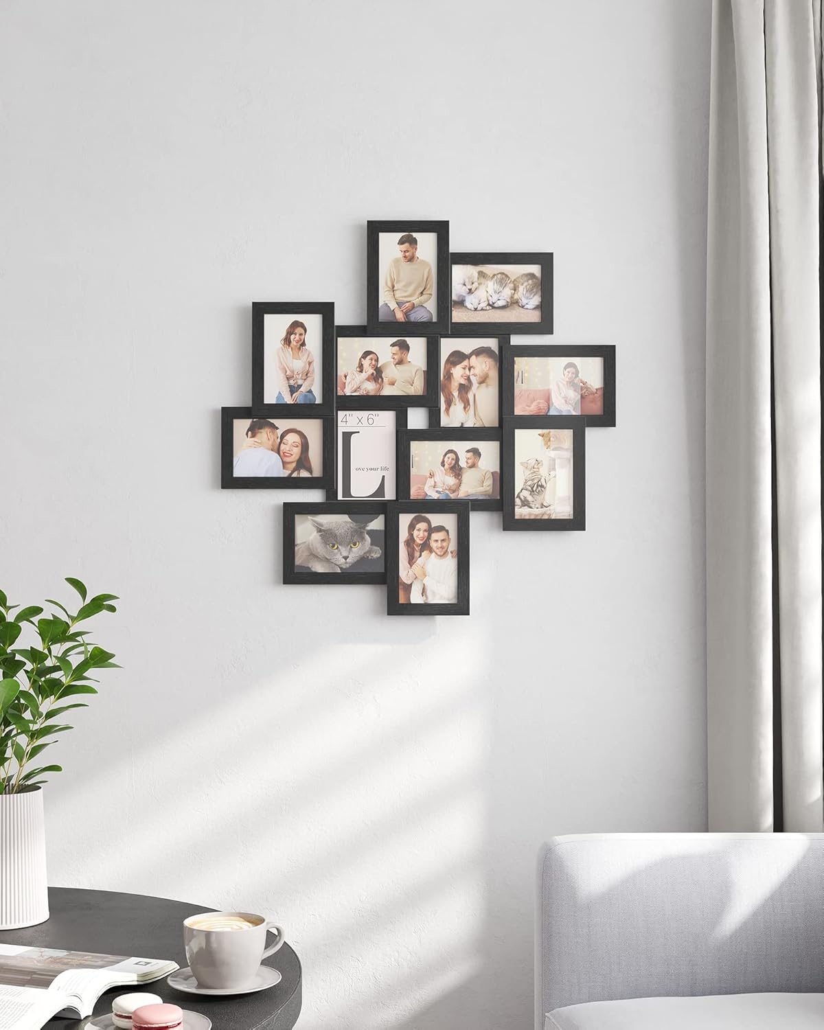 SONGMICS Rama foto colaj de perete pentru 12 fotografii de 10x15 cm, design decorativ pentru living, dormitor sau hol, structura din MDF cu protectie din sticla, 64x4x63 cm, negru - imagine 9