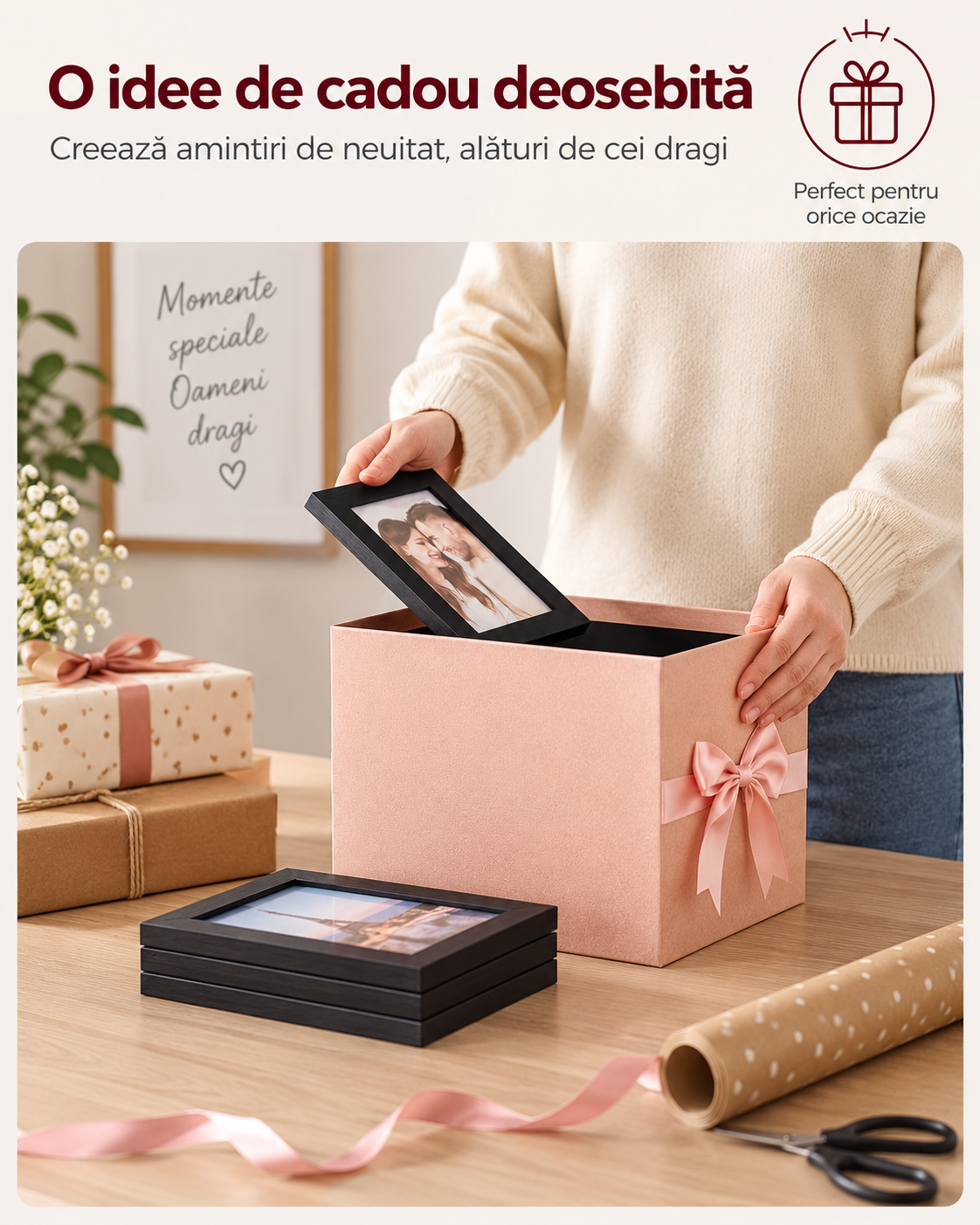 SONGMICS Rama foto colaj de perete pentru 12 fotografii de 10x15 cm, design decorativ pentru living, dormitor sau hol, structura din MDF cu protectie din sticla, 64x4x63 cm, negru - imagine 10