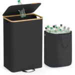 SONGMICS Cos colector pentru sticle si doze, 95 L, capacitate 200 de doze, orificiu cu inchidere automata pentru introducere rapida, sac interior detasabil cu manere pentru transport, material Oxford 600D rezistent la apa, 42x33x71 cm, negru