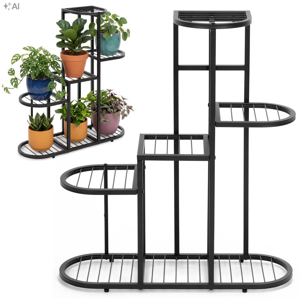 Suport metalic pentru flori si plante cu 5 rafturi si 7 locuri pentru ghivece, structura rezistenta din otel, maxim 30 kg, pentru living, balcon sau terasa acoperita, 70x23x79 cm, negru - imagine 3