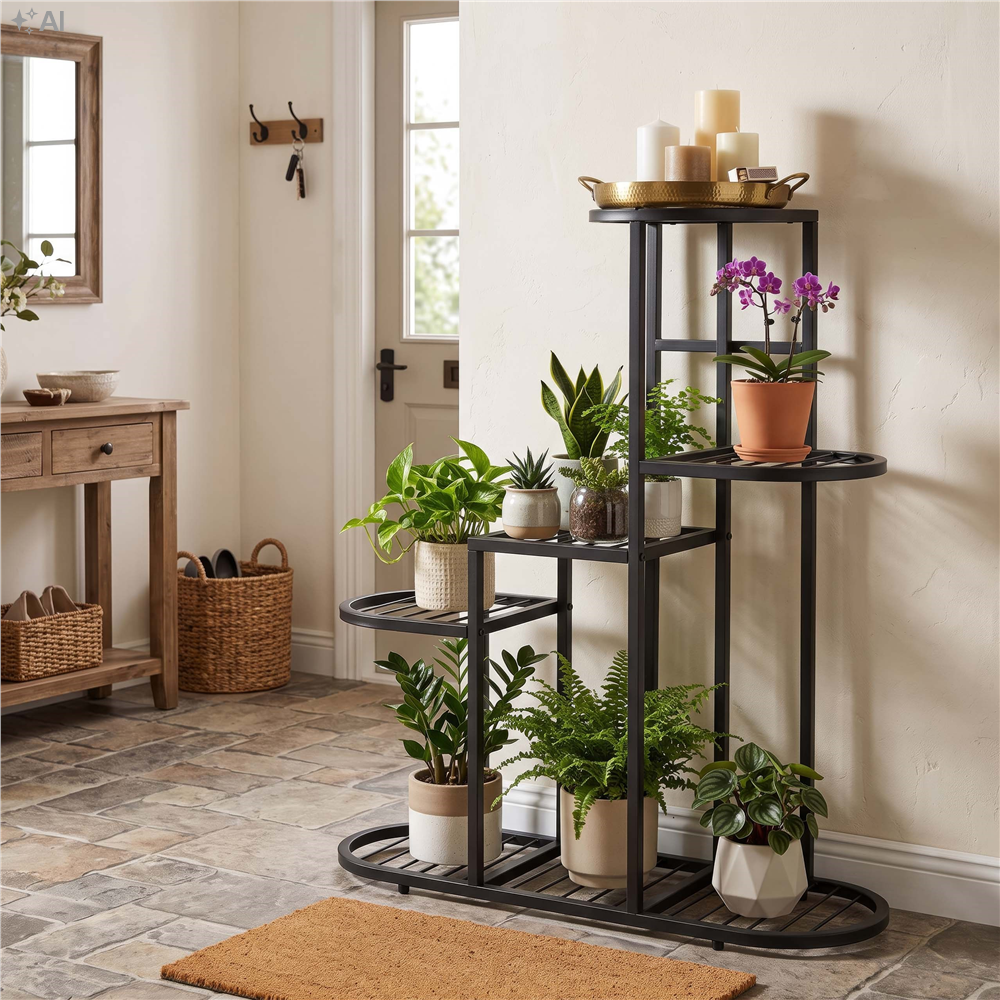 Suport metalic pentru flori si plante cu 5 rafturi si 7 locuri pentru ghivece, structura rezistenta din otel, maxim 30 kg, pentru living, balcon sau terasa acoperita, 70x23x79 cm, negru - imagine 11