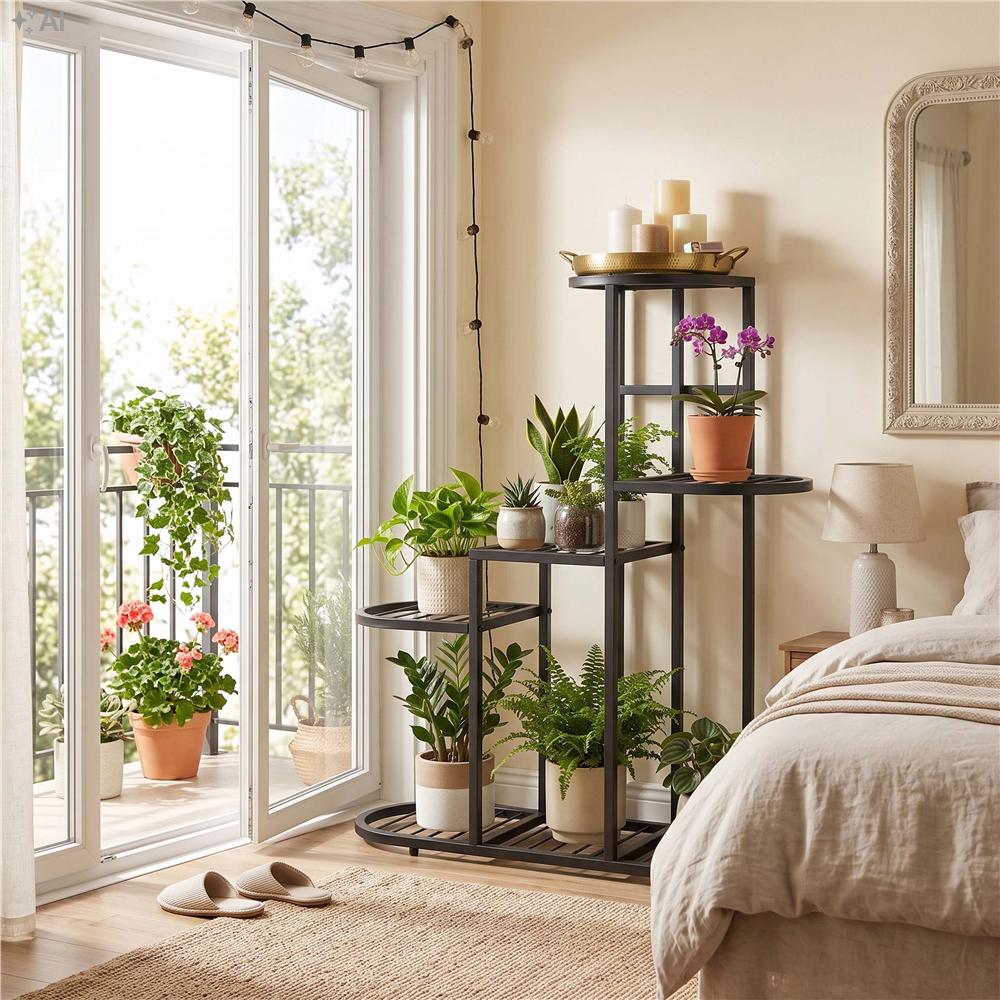 Suport metalic pentru flori si plante cu 5 rafturi si 7 locuri pentru ghivece, structura rezistenta din otel, maxim 30 kg, pentru living, balcon sau terasa acoperita, 70x23x79 cm, negru - imagine 12