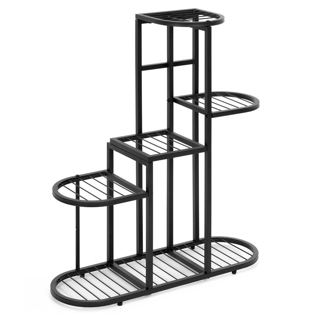 Suport metalic pentru flori si plante cu 5 rafturi si 7 locuri pentru ghivece, structura rezistenta din otel, maxim 30 kg, pentru living, balcon sau terasa acoperita, 70x23x79 cm, negru - imagine 14