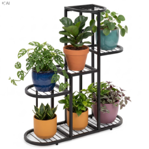 Suport metalic pentru flori si plante cu 5 rafturi si 7 locuri pentru ghivece, structura rezistenta din otel, maxim 30 kg, pentru living, balcon sau terasa acoperita, 70x23x79 cm, negru