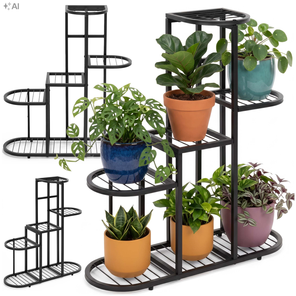Suport metalic pentru flori si plante cu 5 rafturi si 7 locuri pentru ghivece, structura rezistenta din otel, maxim 30 kg, pentru living, balcon sau terasa acoperita, 70x23x79 cm, negru - imagine 4